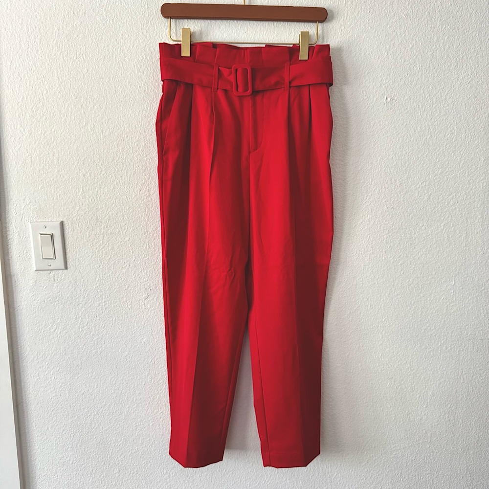 H&M red high waist trousers with belt size 10